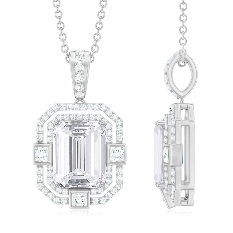 Vintage Style Emerald Cut Moissanite Halo Pendant Necklace
