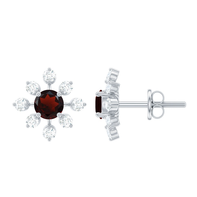 1 CT Garnet and Diamond Flower Stud Earrings