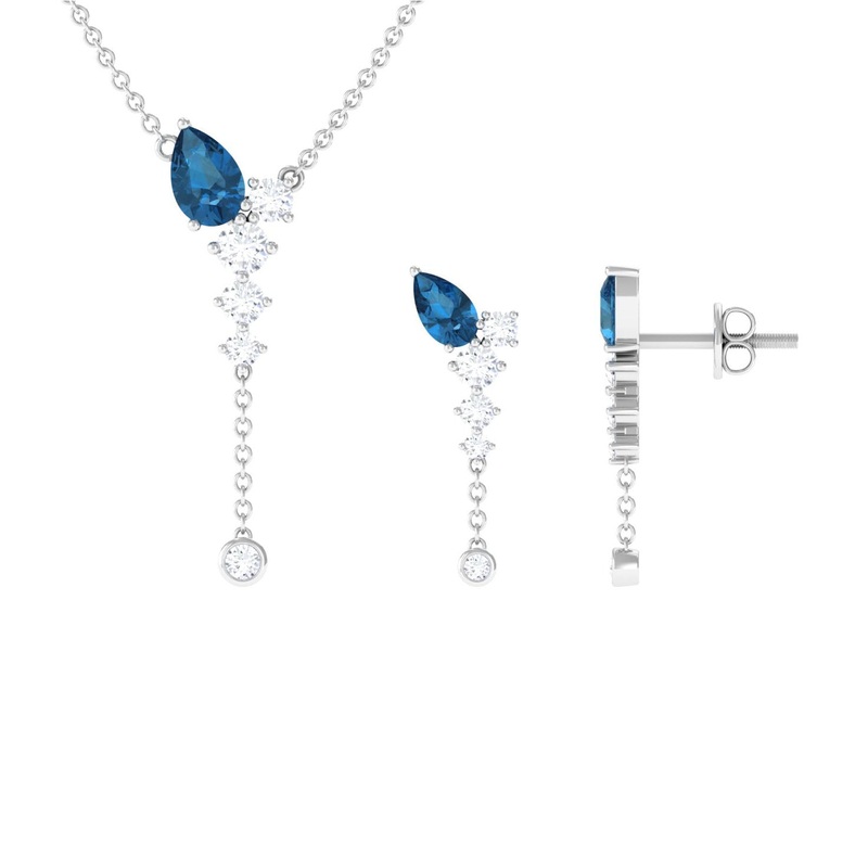 Minimal Dangle Necklace Earrings Set with London Blue Topaz and Diamond