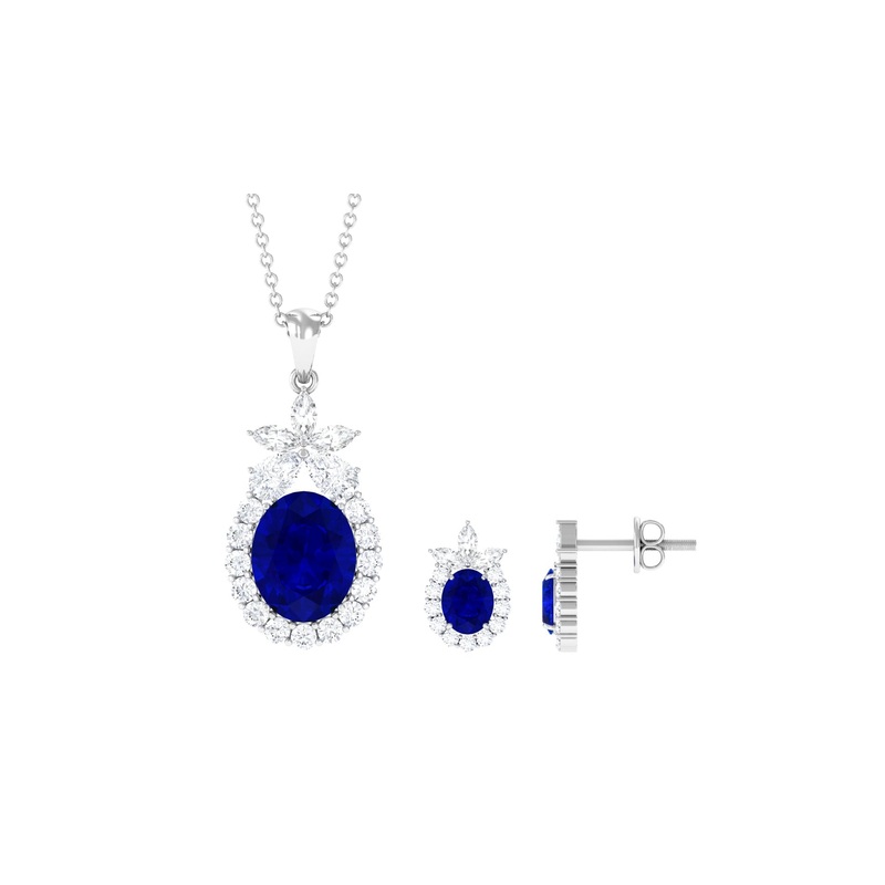 Oval Created Blue Sapphire Designer Flower Jewelry Set with Moissanite