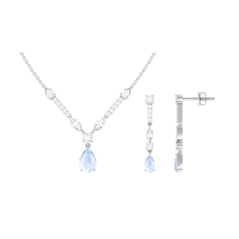 Pear Shape Moonstone and Moissanite Drop Necklace and Earrings