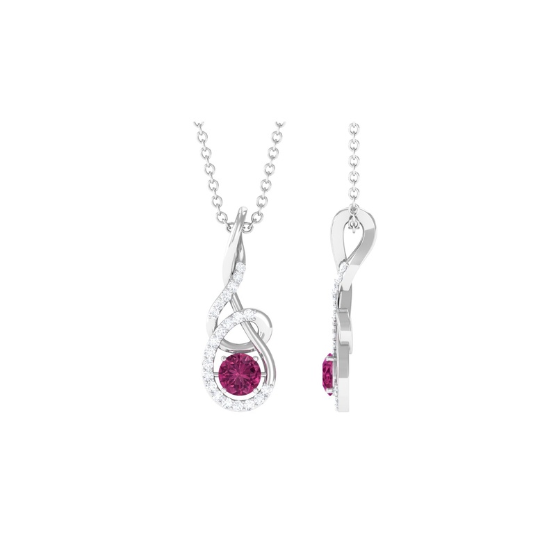 Round Pink Tourmaline and Diamond Twisted Pendant Necklace