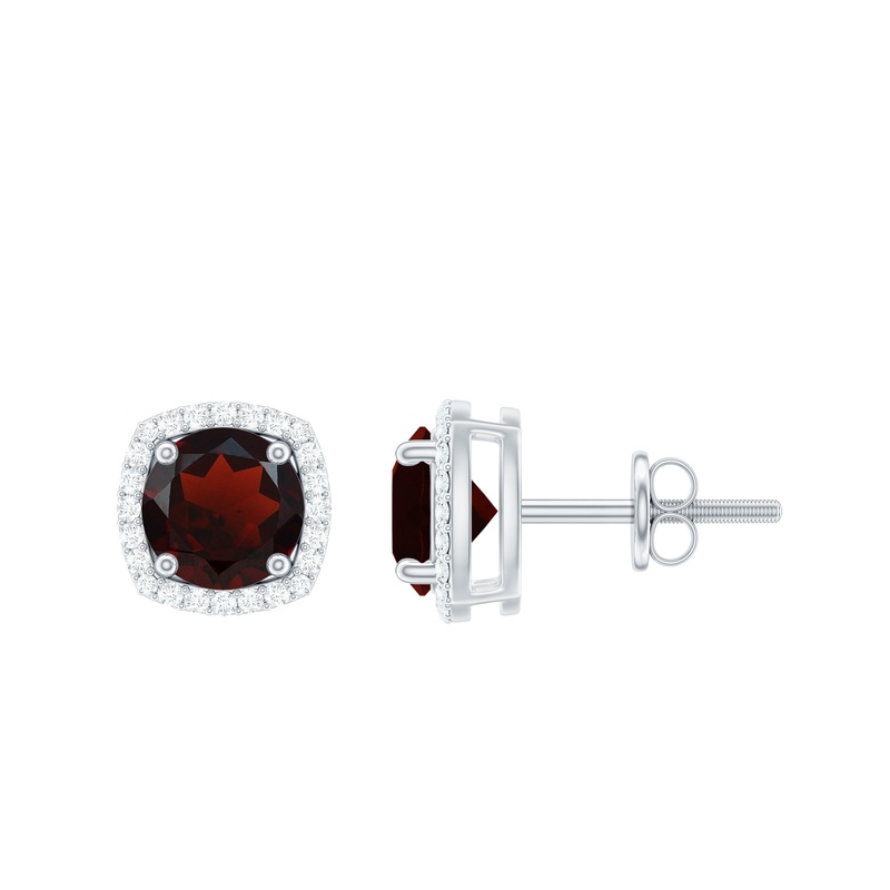 Round Shape Garnet Stud Earrings with Diamond Halo