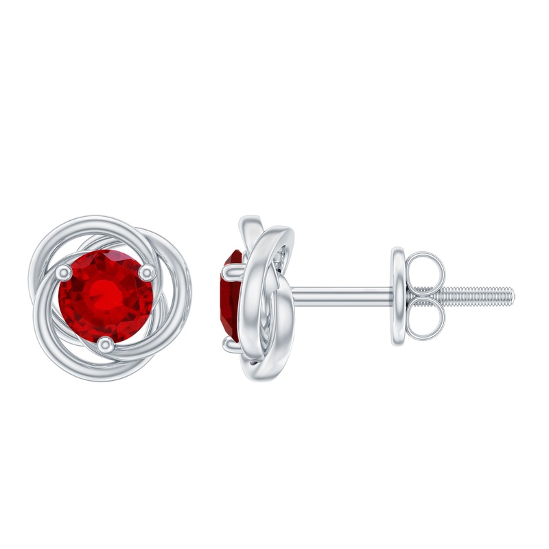 Solitaire Created Ruby Swirl Stud Earrings in 3 Prong Setting