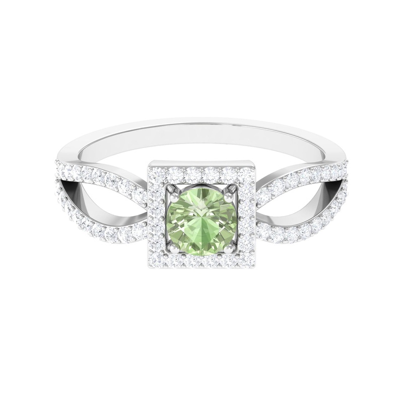 Round Green Sapphire and Diamond Halo Ring in Split Shank