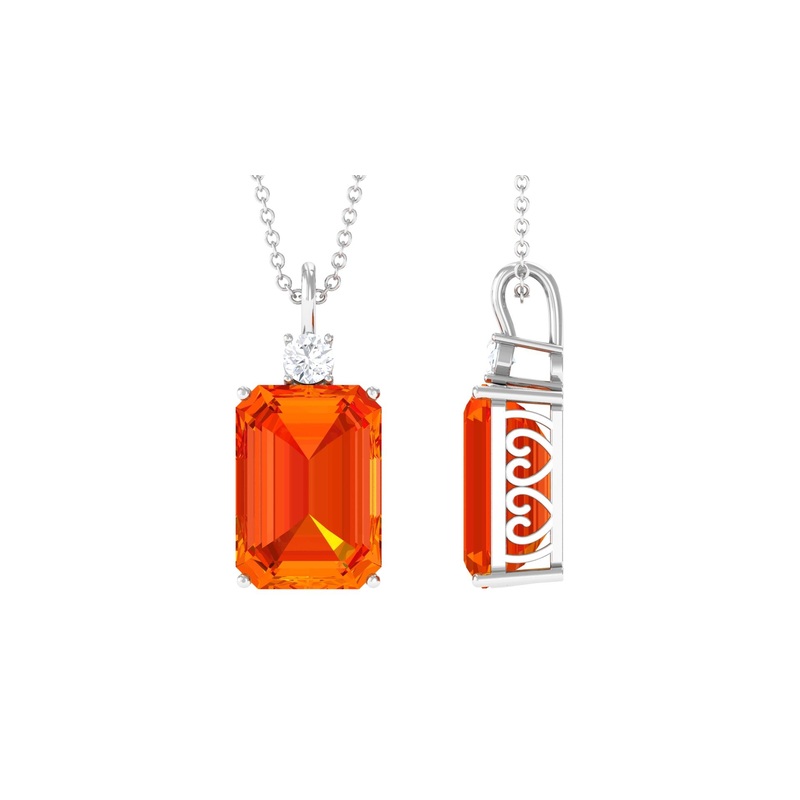 Solitaire Created Orange Sapphire and Moissanite Pendant