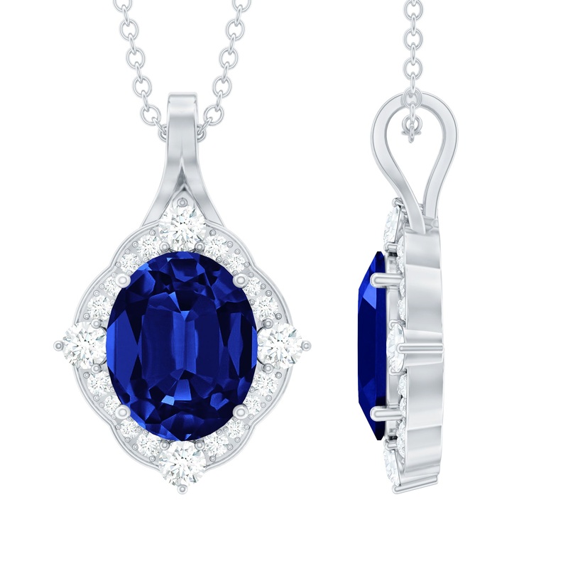 Vintage Inspired Oval Created Blue Sapphire and Diamond Halo Pendant