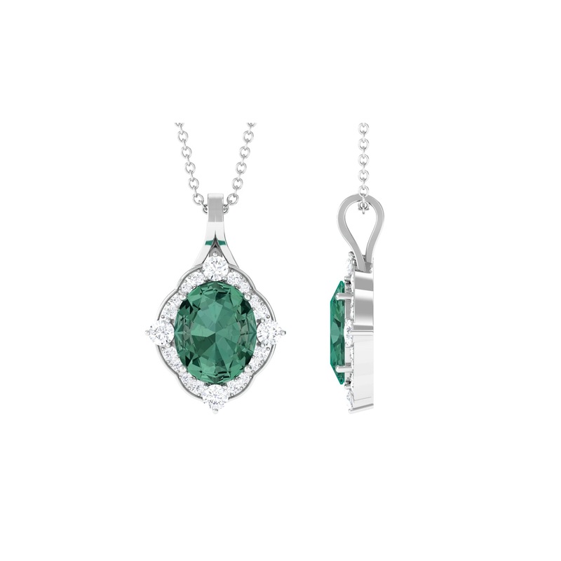 Vintage Inspired Oval Created Green Sapphire and Diamond Halo Pendant