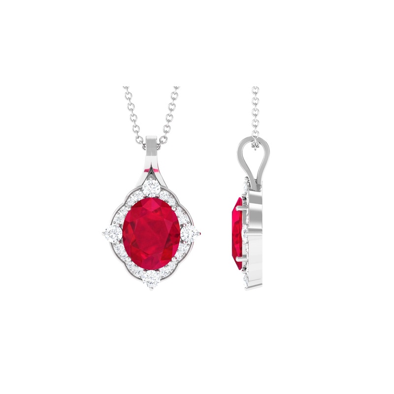 Vintage Inspired Oval Created Ruby and Diamond Halo Pendant