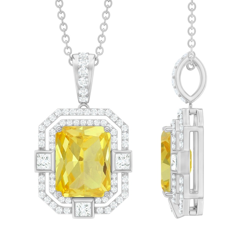 Vintage Style Created Yellow Sapphire Halo Pendant with Moissanite