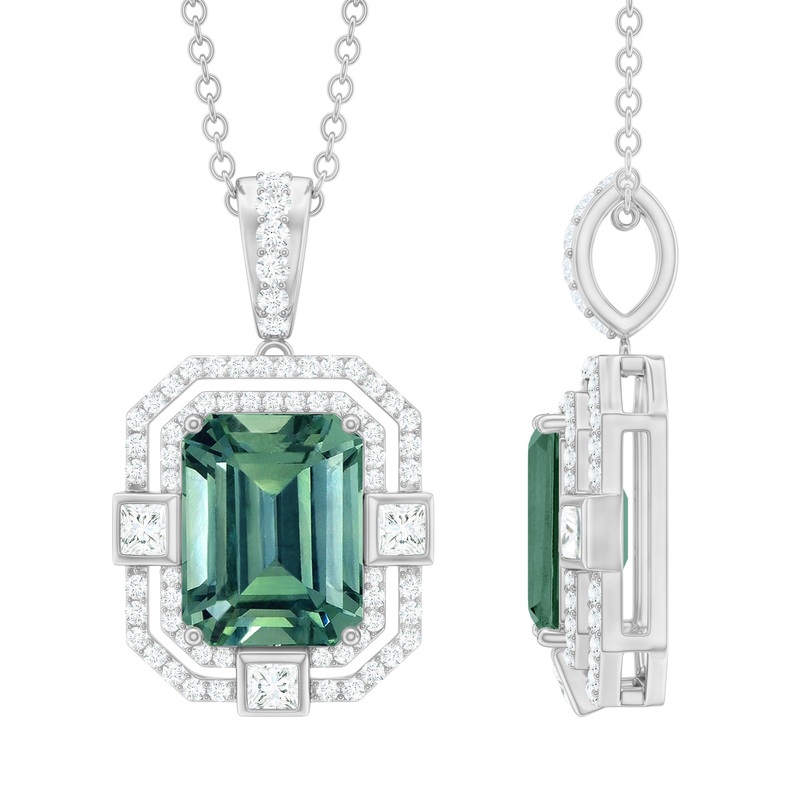 Vintage Style Octagon Created Green Sapphire Pendant with Moissanite