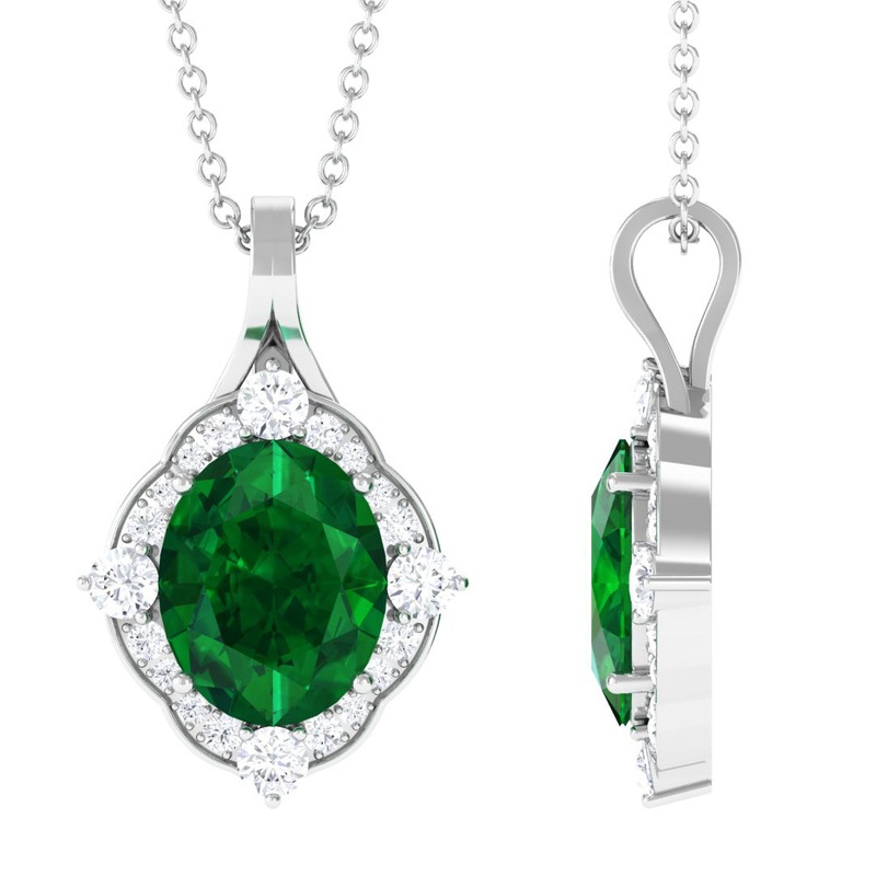 Vintage Style Oval Halo Pendant with Created Emerald and Diamond