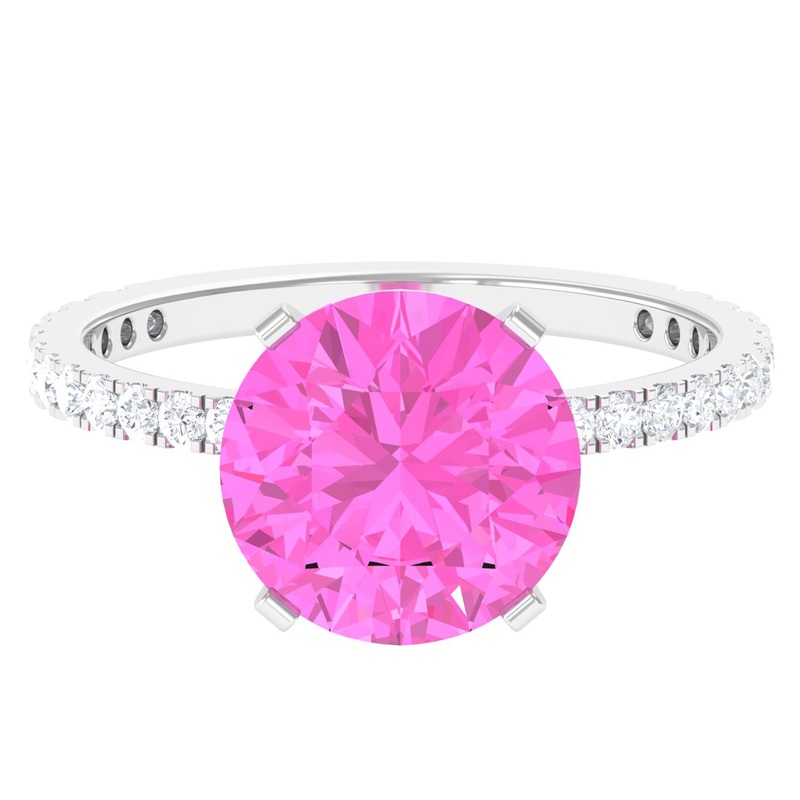 Round Created Pink Sapphire Solitaire Engagement Ring with Diamond