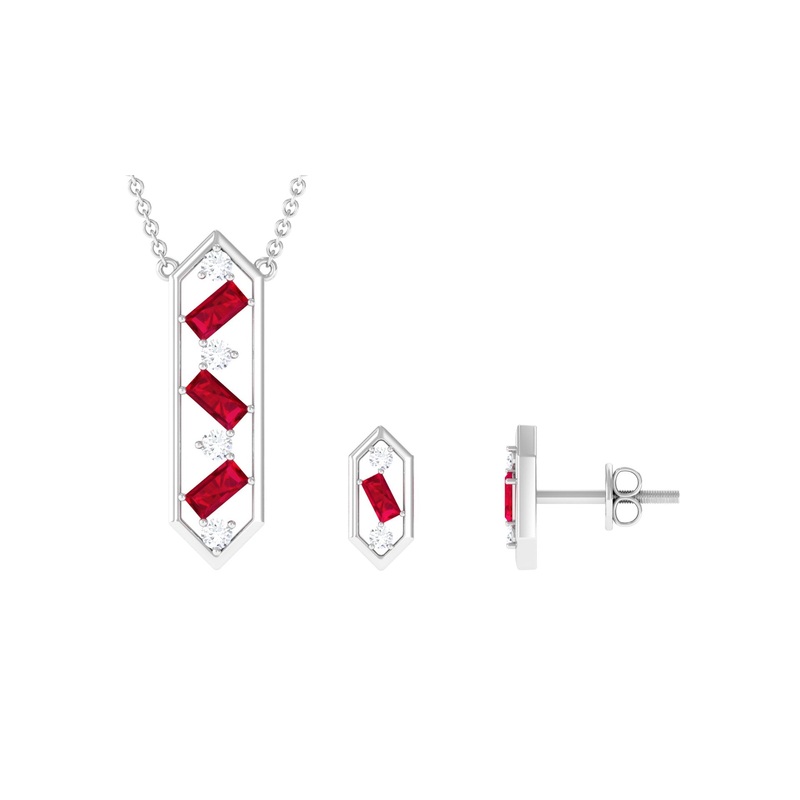 Contemporary Created Ruby and Diamond Dangle Jewelry Set
