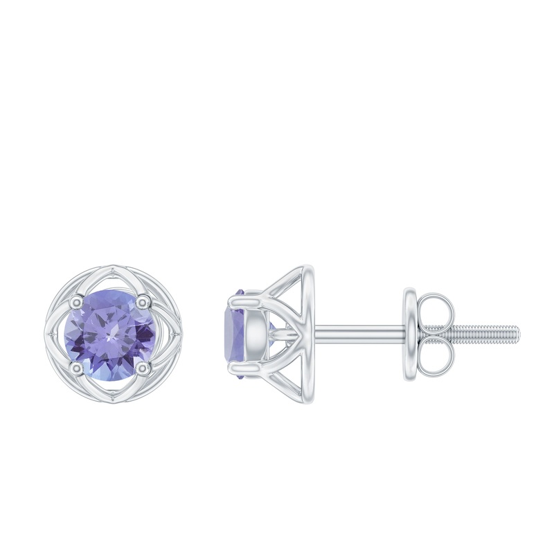 Round Tanzanite Solitaire Flower Stud Earrings