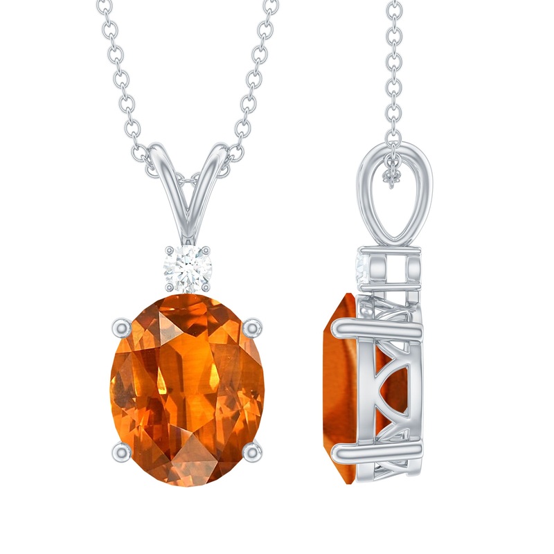 Solitaire Created Orange Sapphire Oval Pendant with Moissanite