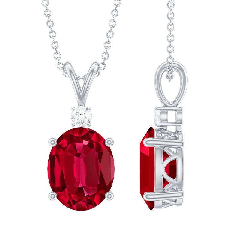 Solitaire Created Ruby Oval Pendant with Moissanite
