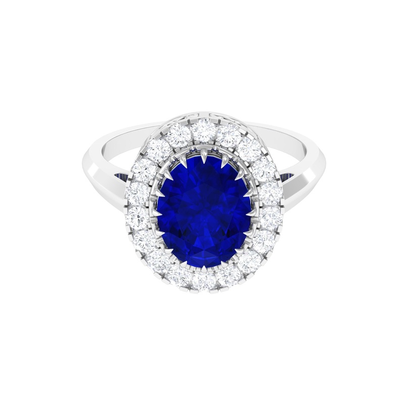 Vintage Style Oval Created Blue Sapphire and Diamond Crown Engagement Ring