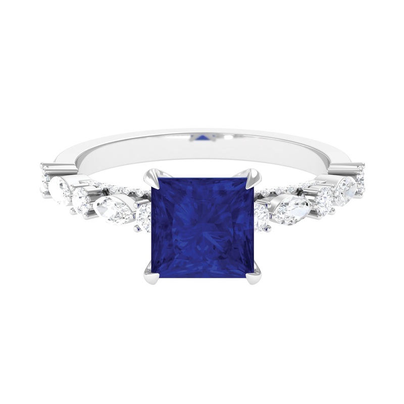 Princess Cut Lab Grown Blue Sapphire Solitaire Engagement Ring