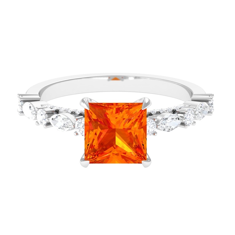 Princess Cut Lab Grown Orange Sapphire Engagement Ring with Moissanite