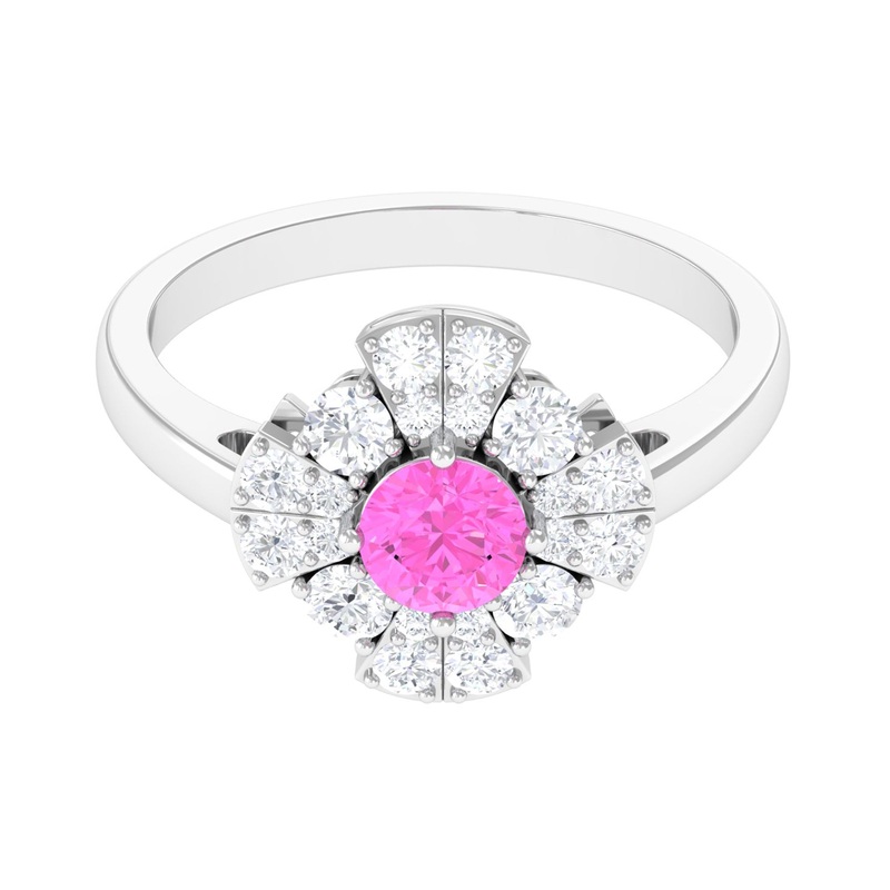 Real Pink Sapphire Flower Engagement Ring with Diamond