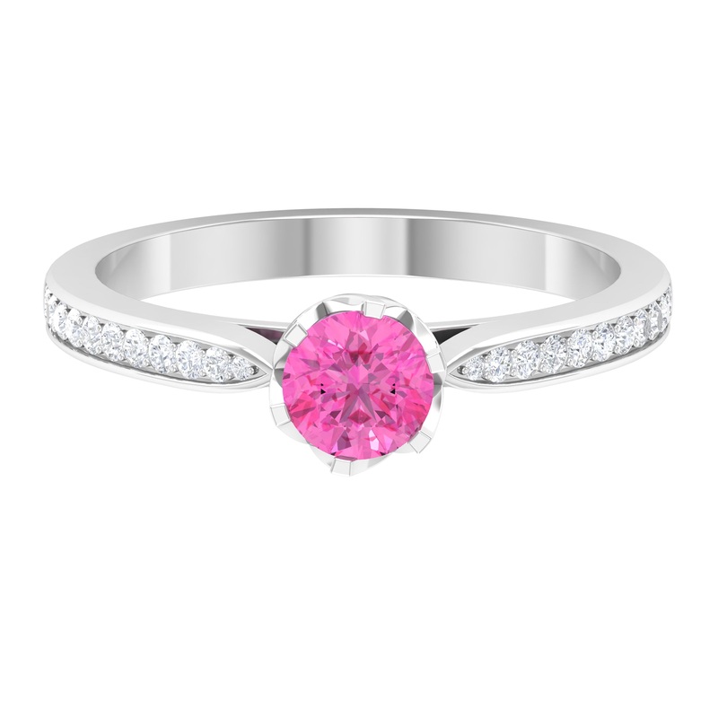 Round Cut Pink Sapphire Solitaire Engagement Ring with Diamond