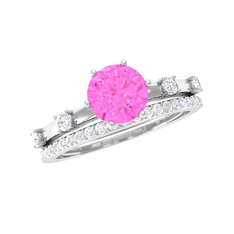 Round Pink Sapphire and Diamond Simple Ring Set
