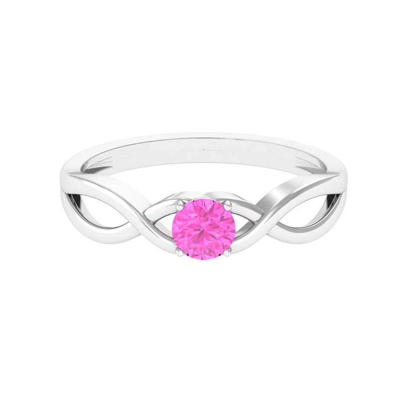 Round Pink Sapphire Solitaire Promise Ring in Crossover Shank