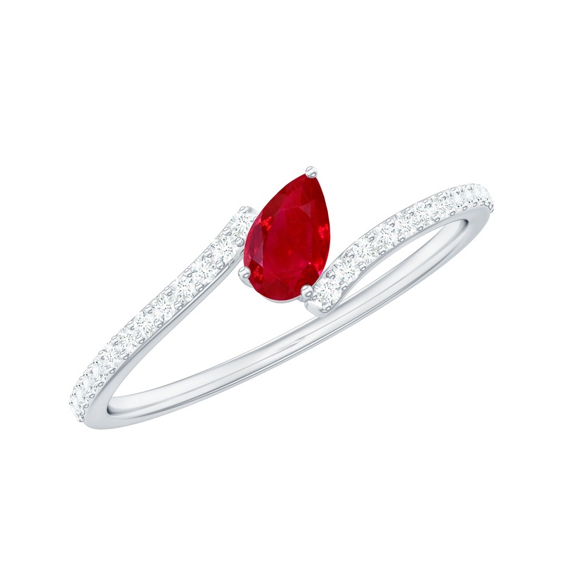 Tilted Pear Shape Ruby and Diamond Bypass Promise Ring