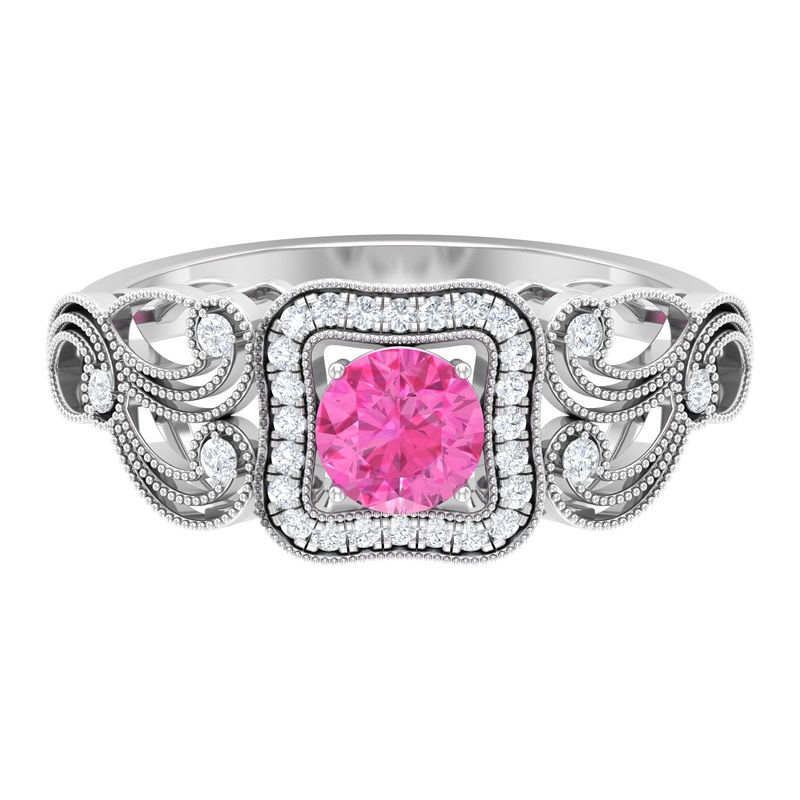 Vintage Pink Sapphire and Diamond Engagement Ring with Milgrain Details