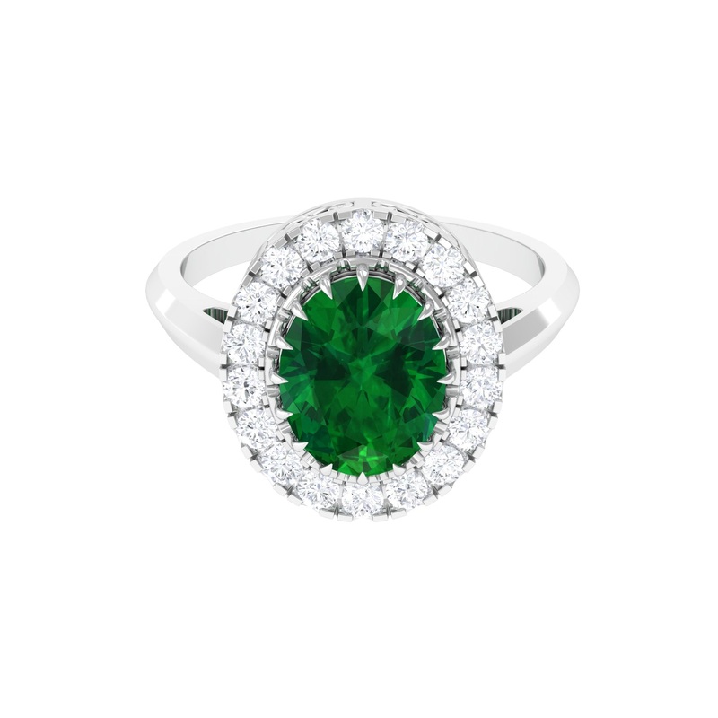 Vintage Style Lab Grown Emerald and Moissanite Halo Engagement Ring