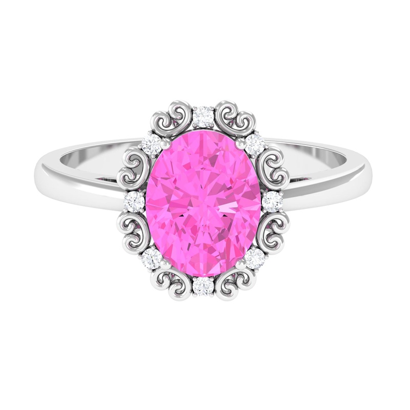 Vintage Style Lab Grown Pink Sapphire Oval Engagement Ring