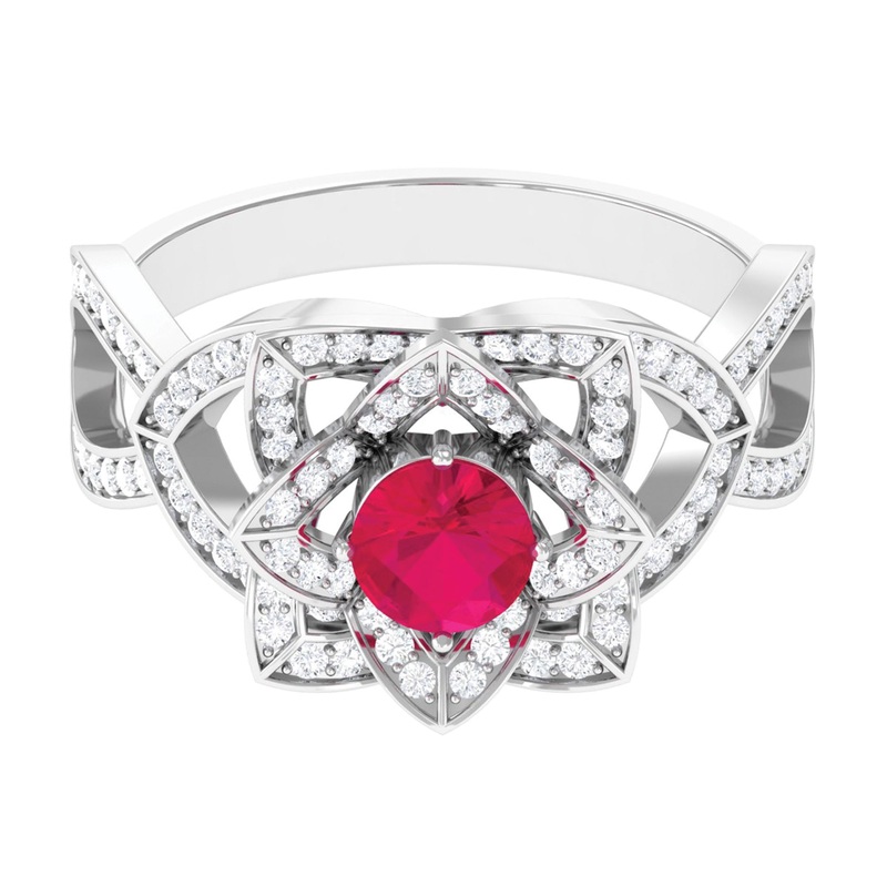 1.25 CT Created Ruby and Moissanite Flower Engagement Ring