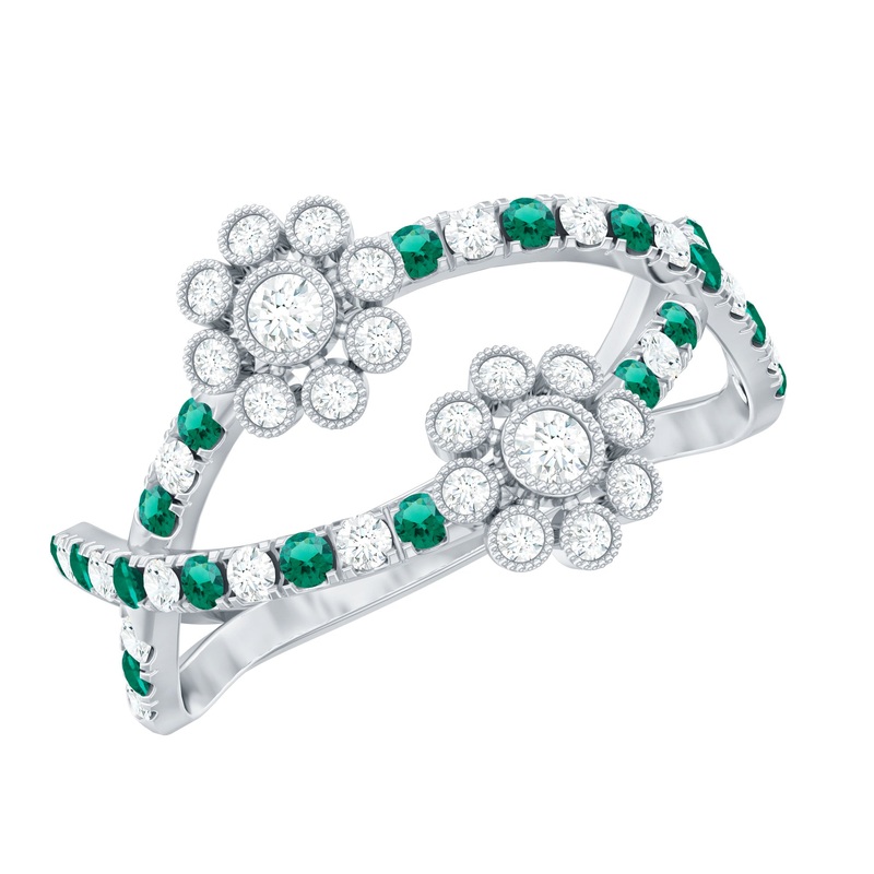 1 CT Floral Created Emerald and Diamond Cocktail Ring