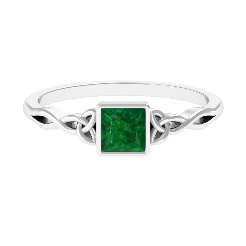 Princess Cut Lab Grown Emerald Solitaire Celtic Ring in Bezel Setting