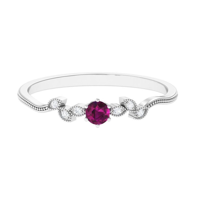 Real Rhodolite Solitaire Leaf Inspired Promise Ring with Diamond