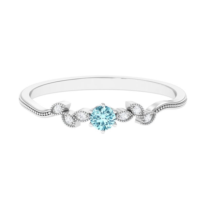 Round Aquamarine Leaf Inspired Solitaire Promise Ring