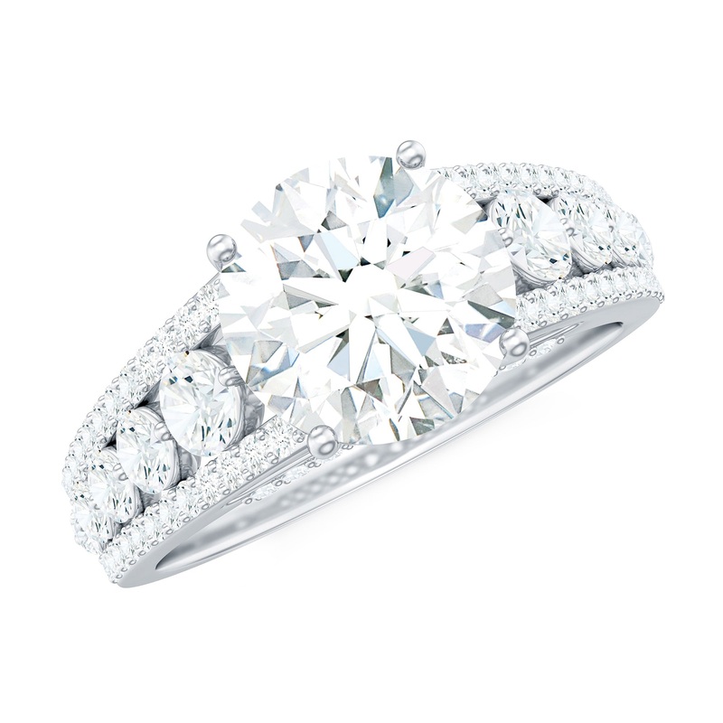 Round Brilliant Cut Moissanite Side Stone Engagement Ring