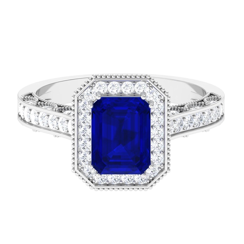 Vintage Engagement Ring with 2.25 CT Created Blue Sapphire and Diamond Accents