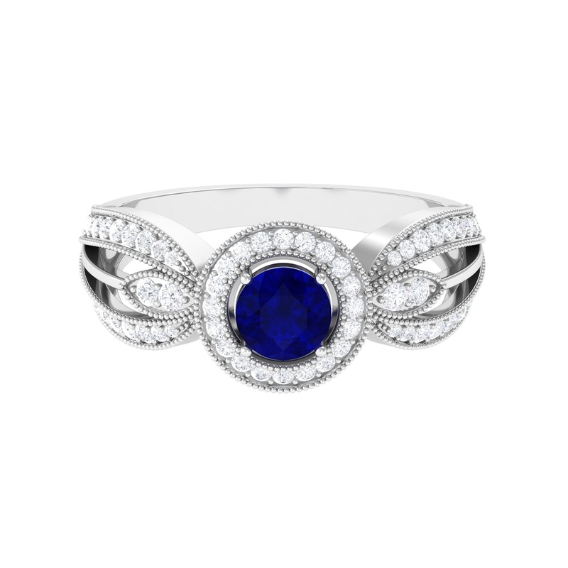 Vintage Inspired Blue Sapphire Engagement Ring with Diamond in Split Shank