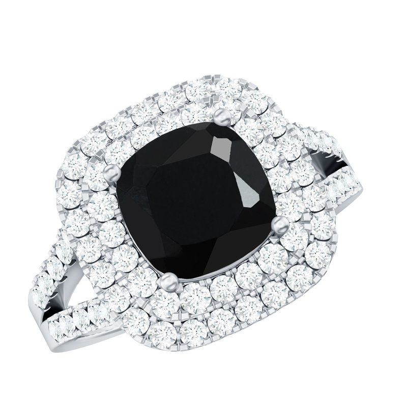 Vintage Style Cushion Cut Black Onyx and Moissanite Double Halo Engagement Ring