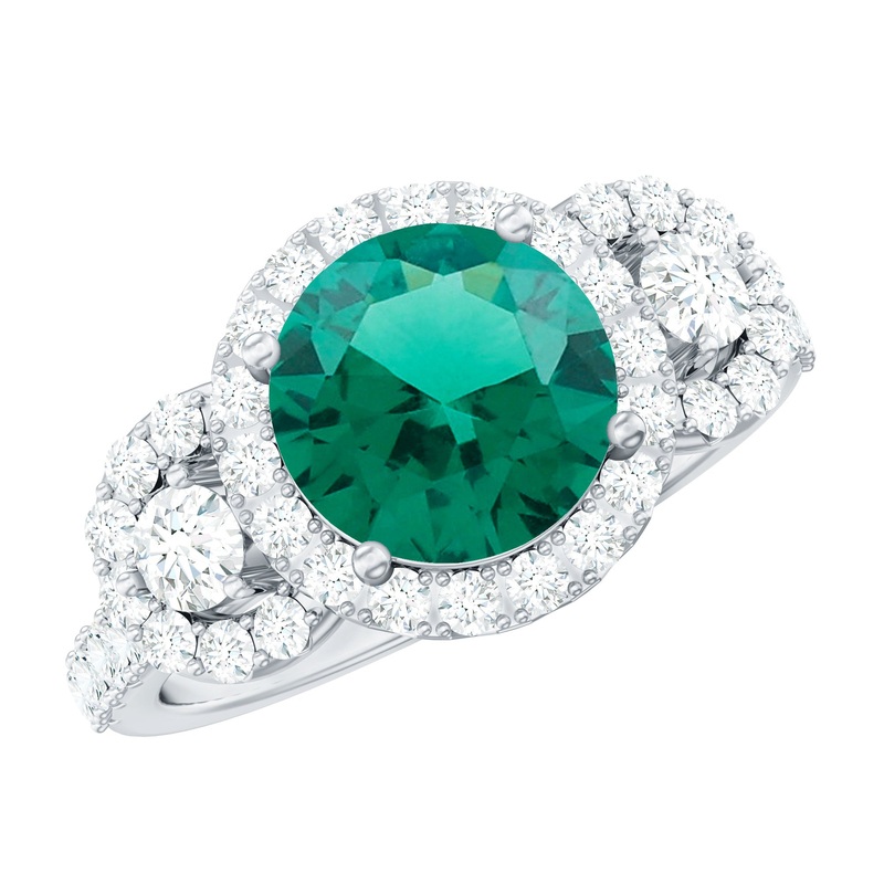 Vintage Style Lab Grown Emerald and Moissanite Engagement Ring
