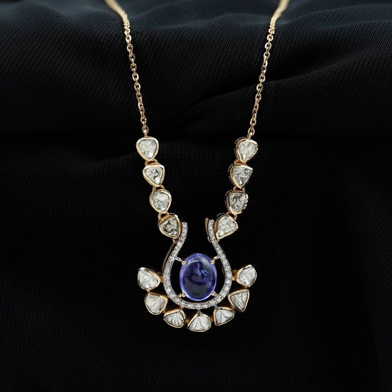 Bridal Drop Necklace with Oval Tanzanite and Polki Diamond