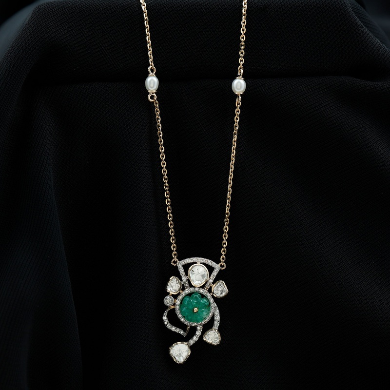 Created Emerald and Uncut Diamond Designer Necklace with Freshwater Pearls