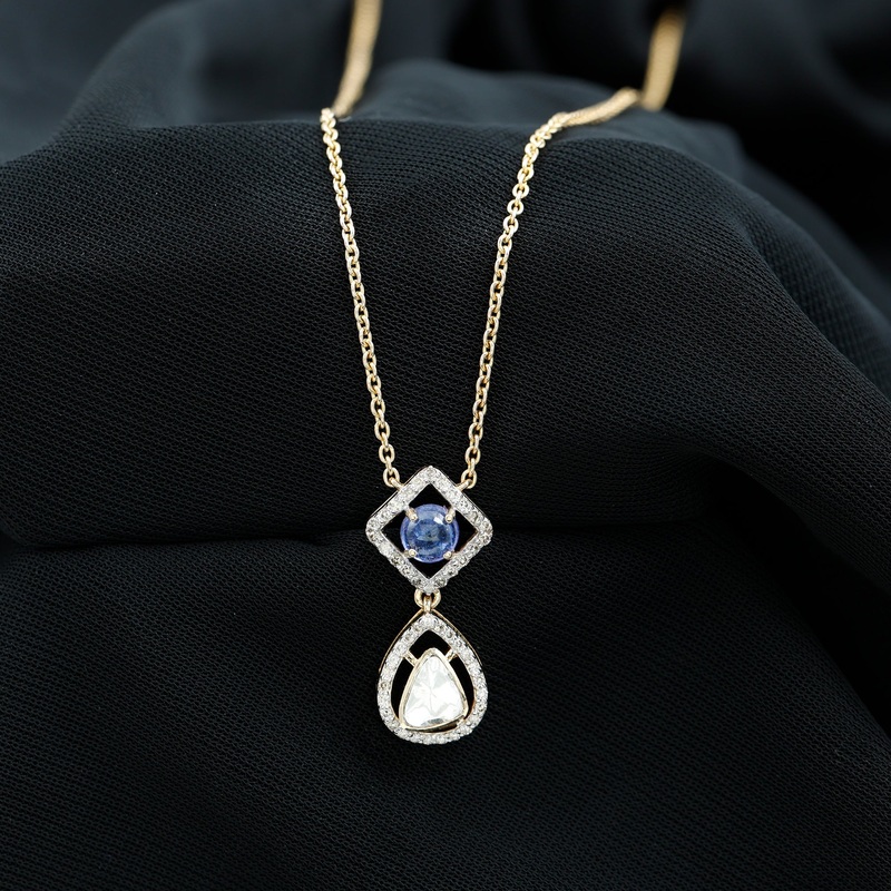 Dangle Drop Necklace with Polki Diamond and Tanzanite