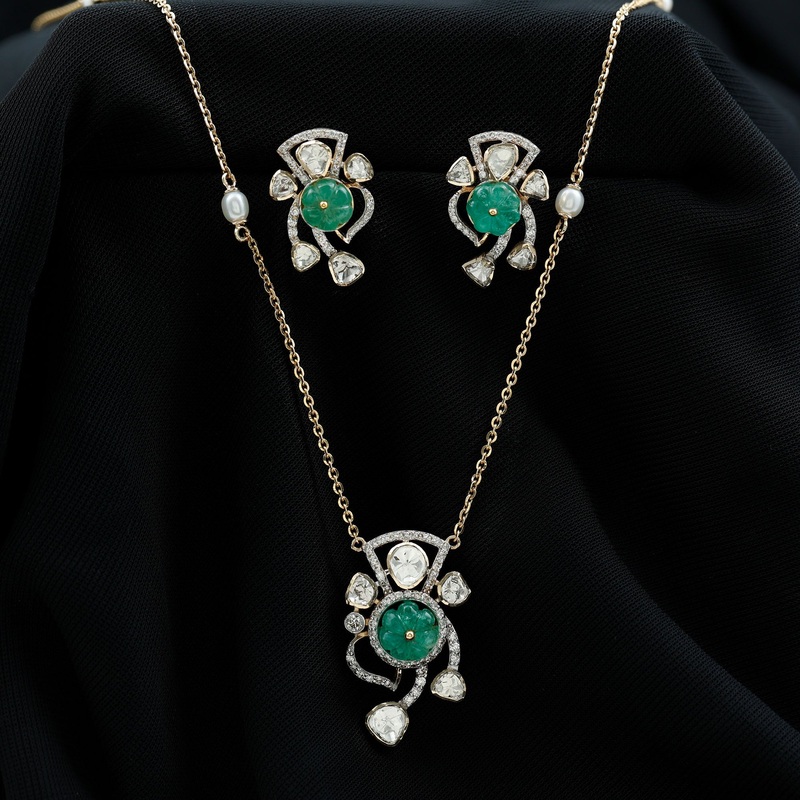 Designer Polki Diamond and Created Emerald Necklace and Earrings