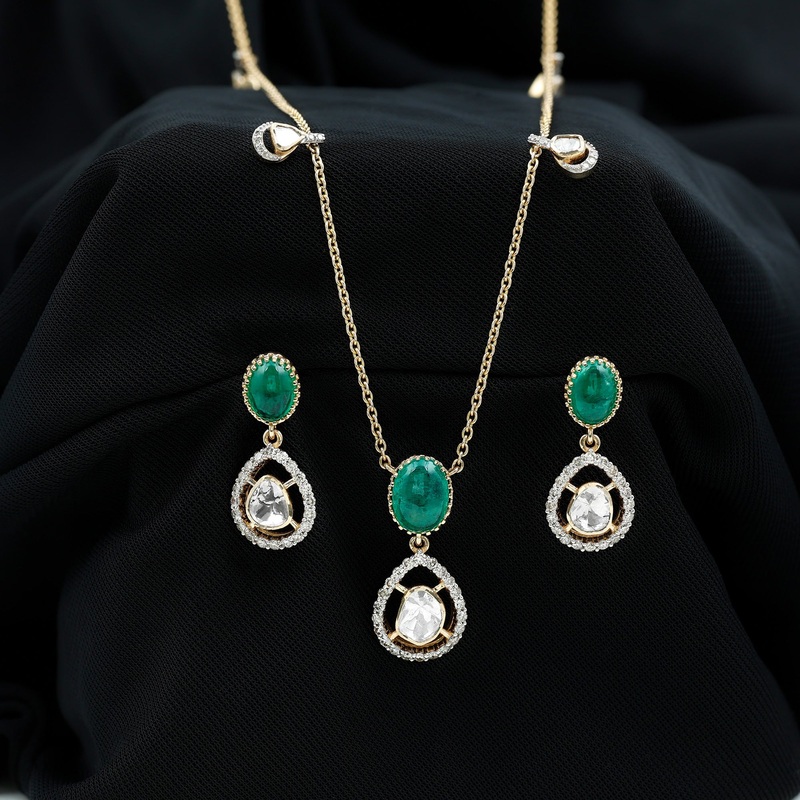 Oval Emerald and Polki Diamond Teardrop Necklace and Earrings