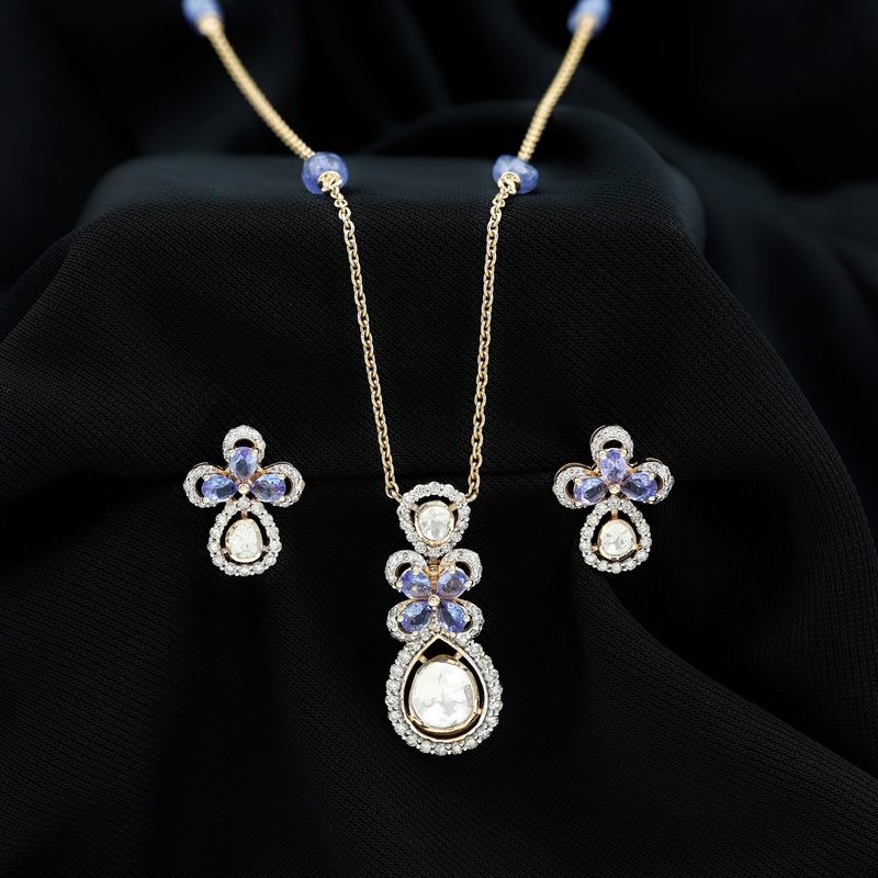 Pear Cut Tanzanite and Polki Diamond Drop Pendant and Earrings in 14k Gold