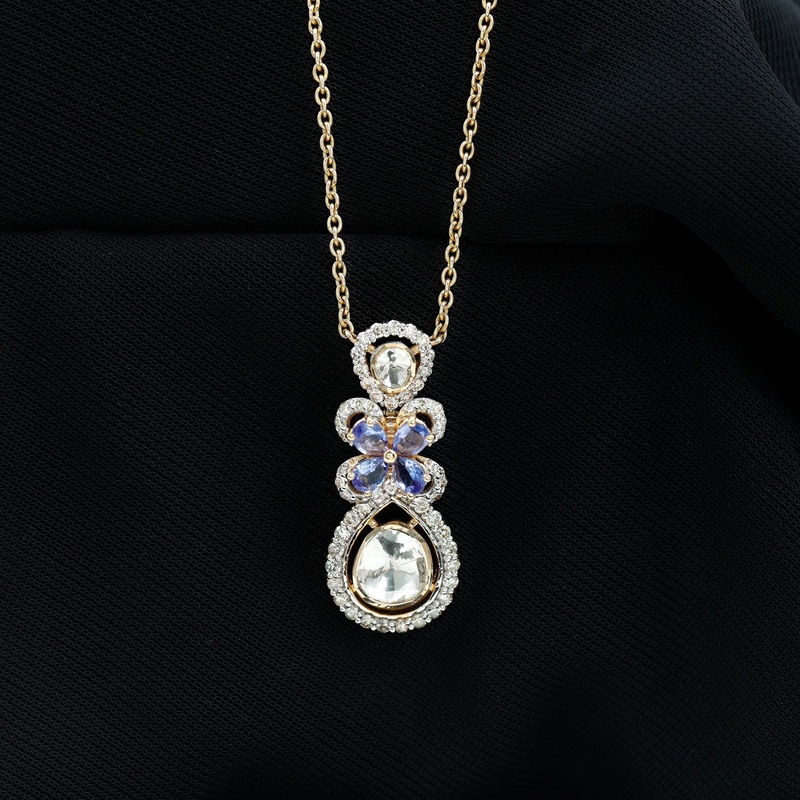 Pear Cut Tanzanite and Polki Diamond Flower Drop Pendant Necklace, 14K Yellow Gold