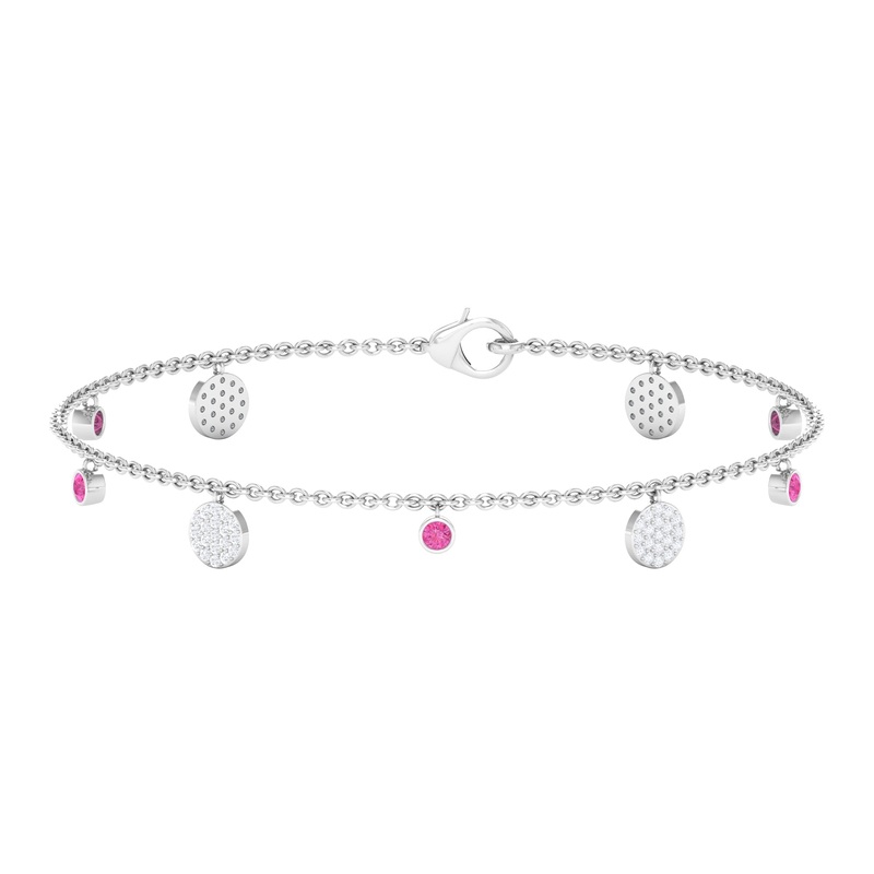 Pink Sapphire and Diamond Station Chain Charm Bracelet